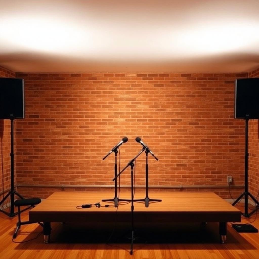 Studio D stage with two microphones and brick backdrop